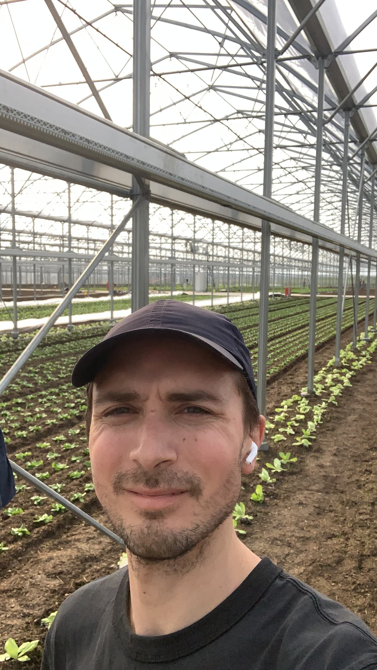 Léo sous une serre maraîchère professionnelle, planches de jeunes salades alignées derrière lui.