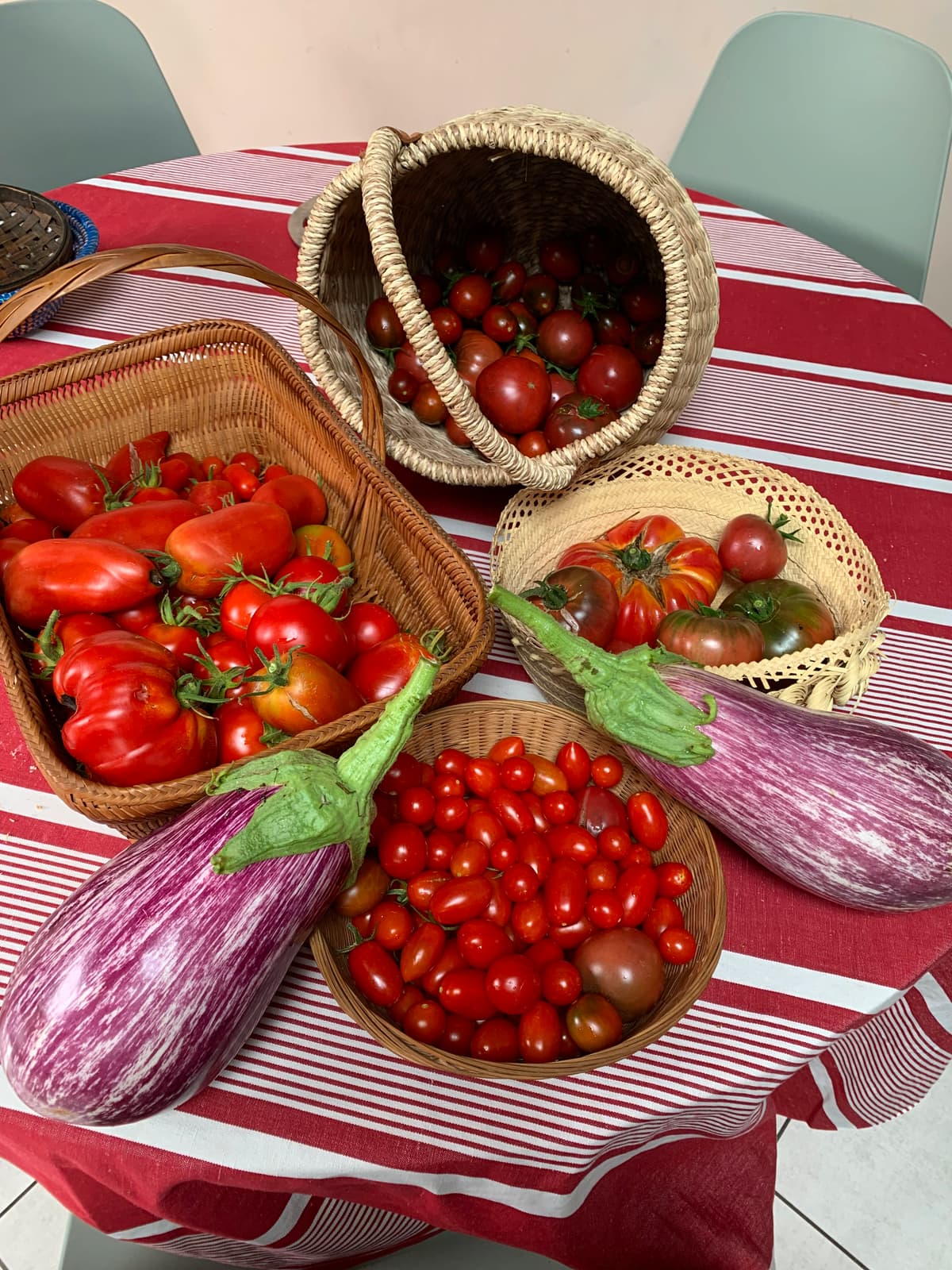Composition de paniers en osier avec tomates cerises, aubergines striées et grappes.