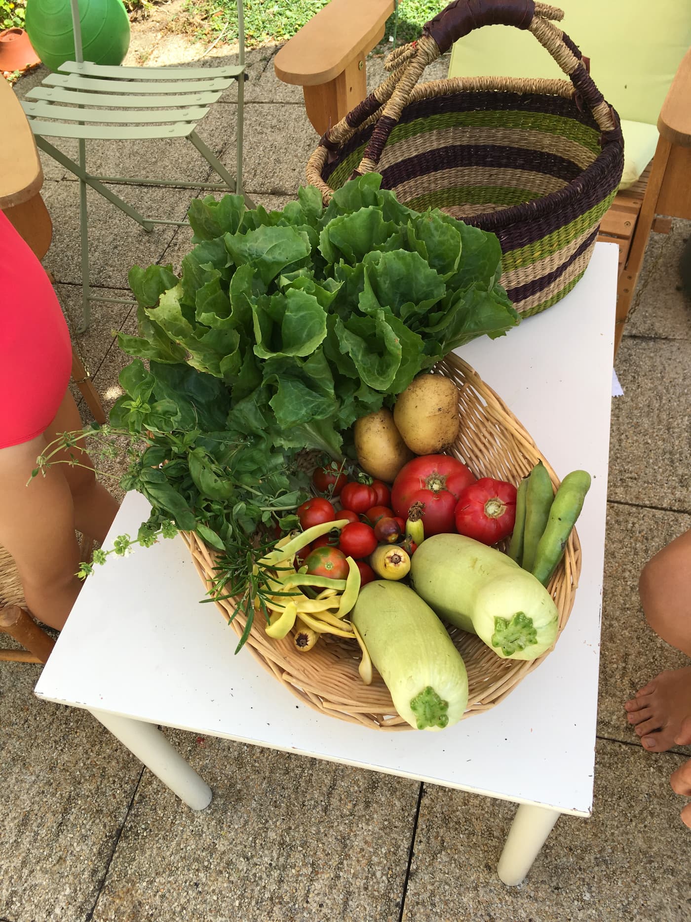 Panier de récolte mixte posé sur une table en pierre : légumes, salade et aromatiques, enfant en arrière-plan.